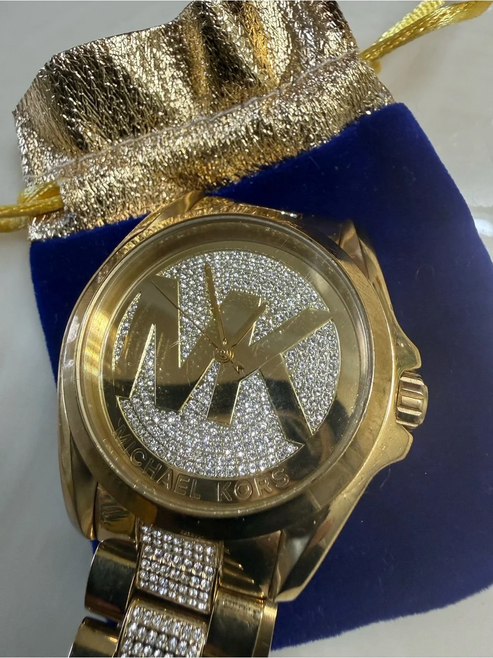 Michael Kors Gold and Crystal Pavé Logo Bracelet Watch